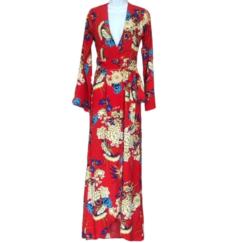 NWT Pretty Little Thing Red Floral Print Kimono Maxi Dress - Picture 3 of 16